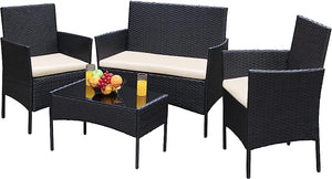 Black & Beige Outdoor Backyard Porch Garden Poolside Balcony Sets Clearance Black and Beige 4 Pieces Furniture
