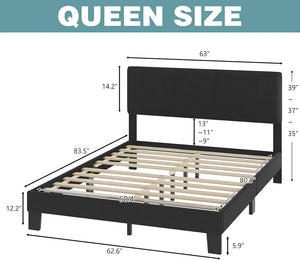 QUEEN Joey Platform Bed Frame with Headboard,Linen Upholstered Bed Frame with Wood Slats Support,