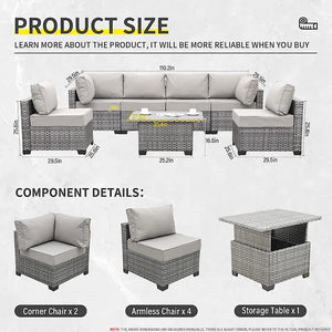 Skyview Modular 7 Pieces PE Wicker Patio Furniture Set Outdoor Sectional Conversation Sofa Set with Liftable Storage Table, Non-Slip Cushions and Furniture Cover, Light Grey