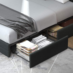 KING Sadie Upholstered Platform Bed Frame with 4 Storage Drawers and Headboard DARK GRAY