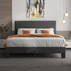 QUEEN Joey Platform Bed Frame with Headboard,Linen Upholstered Bed Frame with Wood Slats Support,