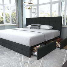 Load image into Gallery viewer, QUEEN Sadie Upholstered Platform Bed Frame with 4 Storage Drawers and Headboard DARK GRAY