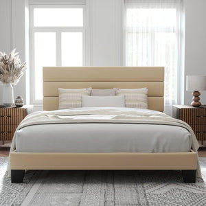 QUEEN Alto Fabric Upholstered Platform Bed Frame with Headboard and Wooden Slats, Beige