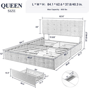 FULL Sadie Upholstered Platform Bed Frame with 4 Storage Drawers and Headboard DARK GRAY