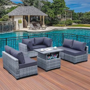 Skyview Modular 7 Pieces PE Wicker Patio Furniture Set Outdoor Sectional Conversation Sofa Set with Liftable Storage Table, Non-Slip Cushions and Furniture Cover, Navy