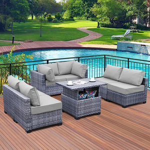 Skyview Modular 7 Pieces PE Wicker Patio Furniture Set Outdoor Sectional Conversation Sofa Set with Liftable Storage Table, Non-Slip Cushions and Furniture Cover, Light Grey