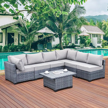 Load image into Gallery viewer, Skyview Modular 7 Pieces PE Wicker Patio Furniture Set Outdoor Sectional Conversation Sofa Set with Liftable Storage Table, Non-Slip Cushions and Furniture Cover, Light Grey