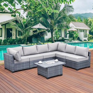 Skyview Modular 7 Pieces PE Wicker Patio Furniture Set Outdoor Sectional Conversation Sofa Set with Liftable Storage Table, Non-Slip Cushions and Furniture Cover, Light Grey