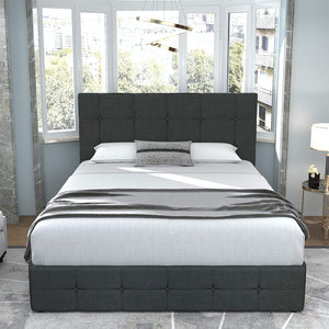 QUEEN Sadie Upholstered Platform Bed Frame with 4 Storage Drawers and Headboard DARK GRAY