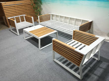 Load image into Gallery viewer, Clearwater 4 Piece Teak &amp; Aluminum Patio Set with Table with Ice Bucket (Grey &amp; Cream)