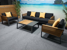 Load image into Gallery viewer, Clearwater 4 Piece Teak &amp; Aluminum Patio Set with Table with Ice Bucket (Black &amp; Grey)
