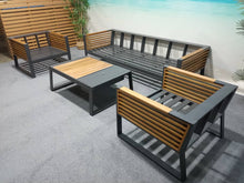 Load image into Gallery viewer, Clearwater 4 Piece Teak &amp; Aluminum Patio Set with Table with Ice Bucket (Black &amp; Grey)