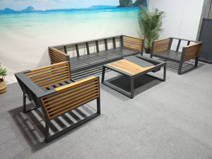 Clearwater 4 Piece Teak & Aluminum Patio Set with Table with Ice Bucket (Black & Grey)