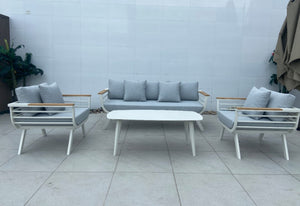 Coopers 4 Piece Teak & Aluminum Patio Set with Table (Grey & Cream)