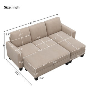Laya Linen 82" Reversible Sectional Sofa with Storage Chaise and removal storage footrest BEIGE/BROWN