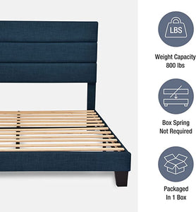 KING Alto Fabric Upholstered Platform Bed Frame with Headboard and Wooden Slats, Navy Blue