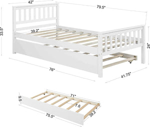 Twin Platform Bed with Trundle, Solid Wood Bed Frame with Headboard, Footboard for Teens Boys Girls ,No Box Spring Needed (White)