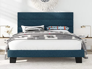 QUEEN Alto Fabric Upholstered Platform Bed Frame with Headboard and Wooden Slats, Navy Blue