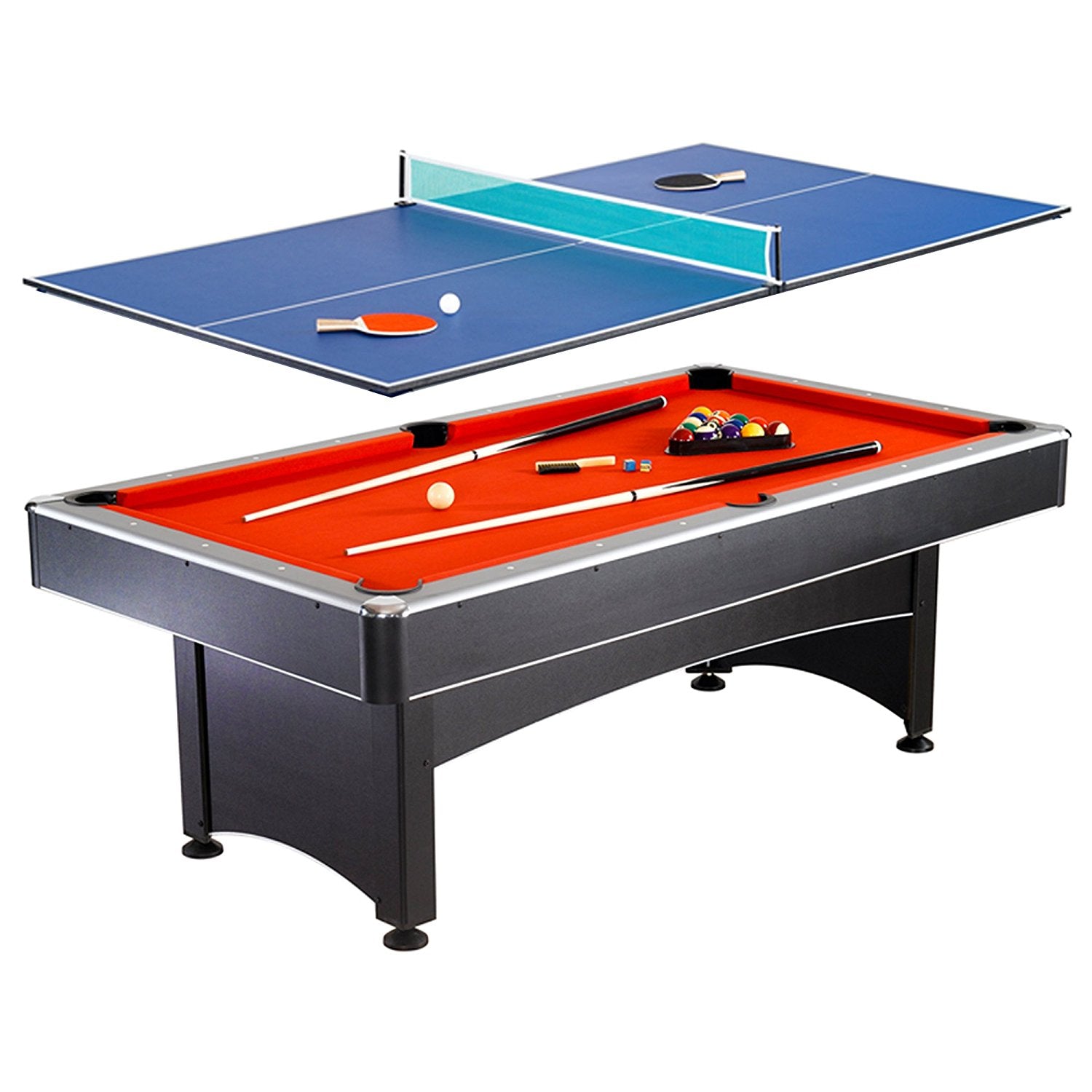 7-foot Pool and Table Tennis Multi Game with Red Felt and Blue Table Tennis Surface. Includes Cues, Paddles and Balls