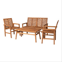 Load image into Gallery viewer, Walker Edison 4 Person Outdoor Wood Chevron Patio Furniture Set Loveseat Chairs Coffee Table All Weather Backyard Conversation 4 Piece, Brown