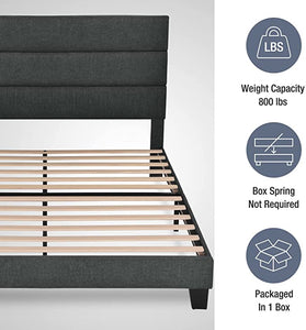 KING Alto Fabric Upholstered Platform Bed Frame with Headboard and Wooden Slats, Dark Grey