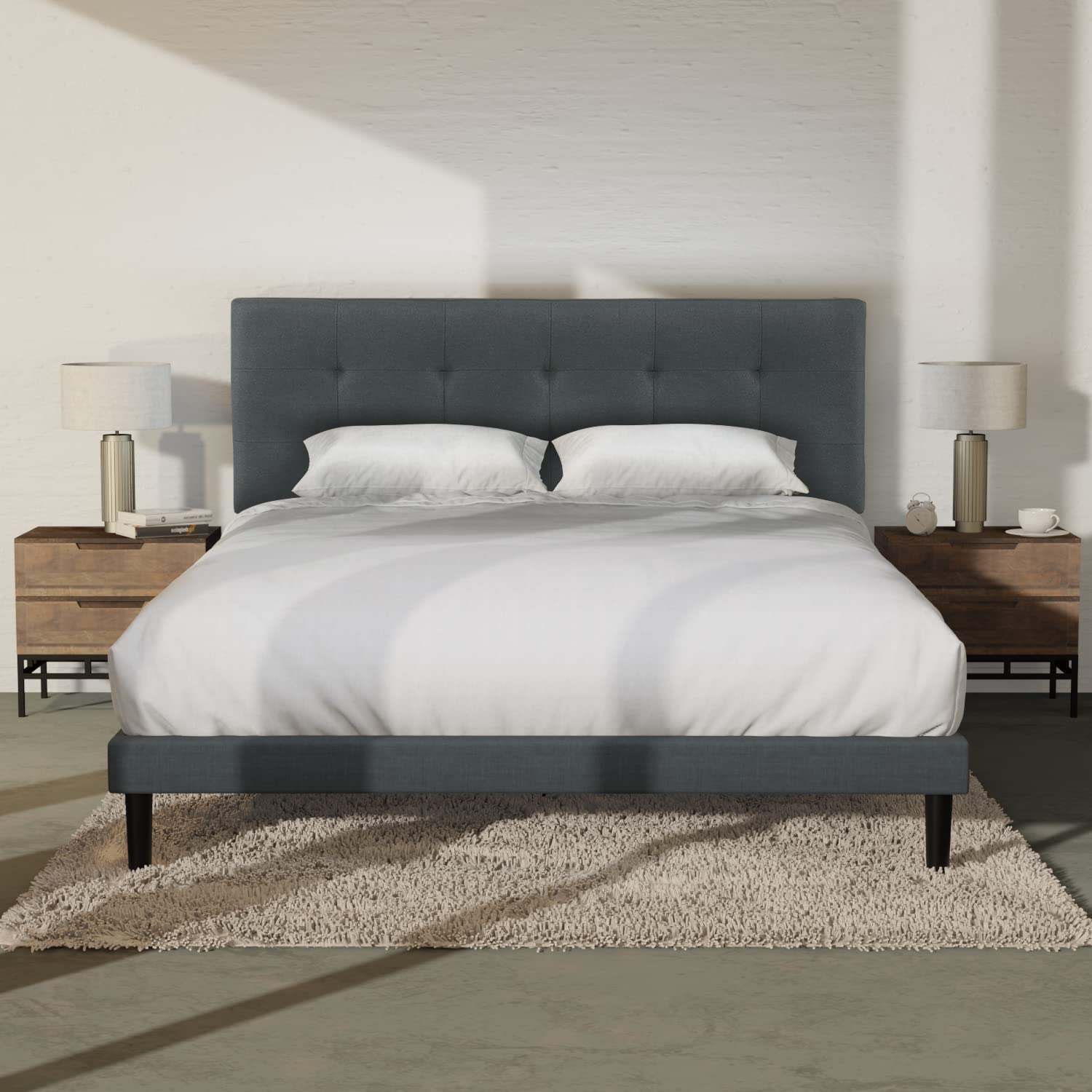 QUEEN Amie Upholstered Platform Bed Frame with Adjustable Tufted Headboard