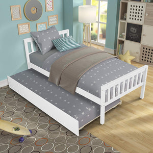 Twin Platform Bed with Trundle, Solid Wood Bed Frame with Headboard, Footboard for Teens Boys Girls ,No Box Spring Needed (White)