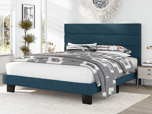 FULL Alto Fabric Upholstered Platform Bed Frame with Headboard and Wooden Slats, Navy