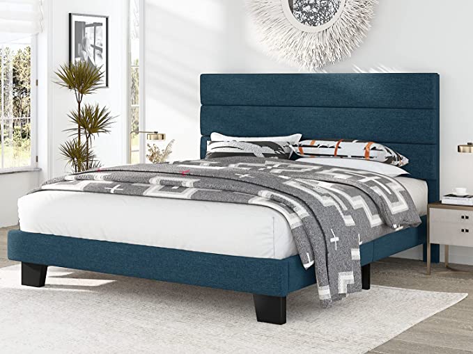 KING Alto Fabric Upholstered Platform Bed Frame with Headboard and Wooden Slats, Navy Blue
