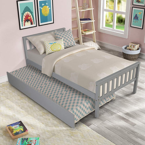 Twin Platform Bed with Trundle, Solid Wood Bed Frame with Headboard, Footboard for Teens Boys Girls ,No Box Spring Needed (Grey)