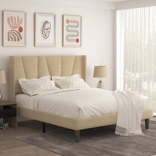 FULL Size Penn Upholstered Platform Bed Frame BEIGE