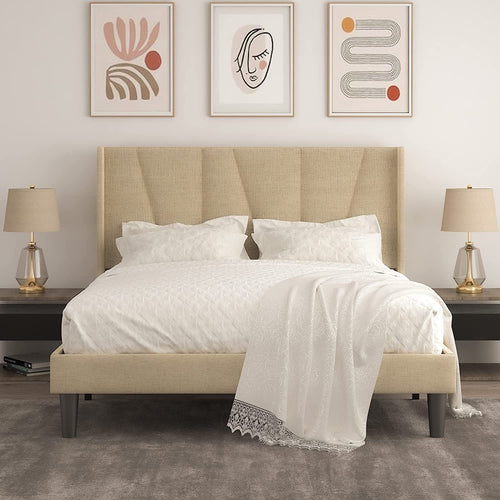 KING Size Penn Upholstered Platform Bed Frame BEIGE