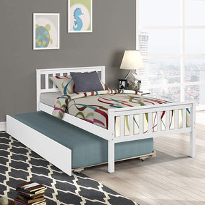 Twin Platform Bed with Trundle, Solid Wood Bed Frame with Headboard, Footboard for Teens Boys Girls ,No Box Spring Needed (White)