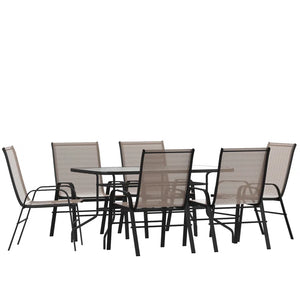 7 Piece Outdoor Patio Dining Set - 55" Tempered Glass with Umbrella Hole, 6 Flex Comfort Stack Chair (Set of 7)