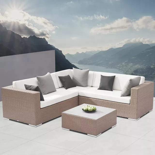 Horseshoe Aluminum & Rattan Sectional Set with Cushions + Table