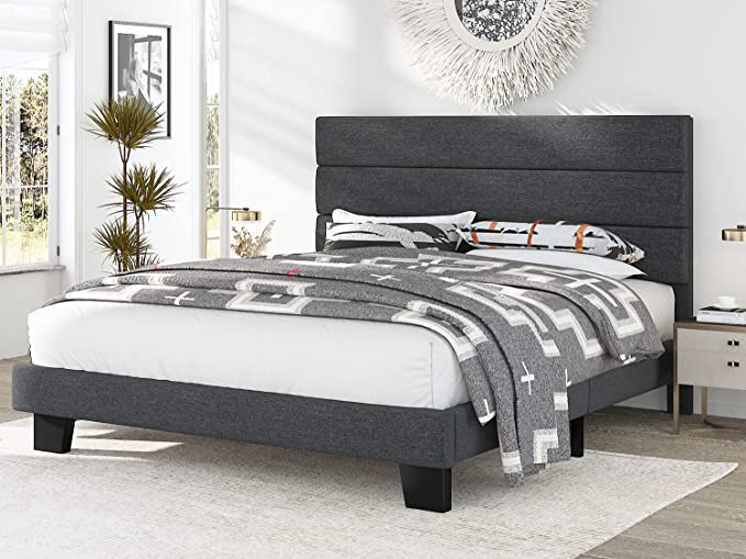 FULL Alto Fabric Upholstered Platform Bed Frame with Headboard and Wooden Slats, Dark Grey