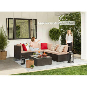 Blaco 6 Pieces Outdoor Sectional Sofa Set PE Wicker Rattan Sectional Seating Group with Cushions and Table, Beige