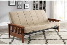 Load image into Gallery viewer, Neo Mission Wood Arm Futon, Brown with 6-inch Beige  Mattress